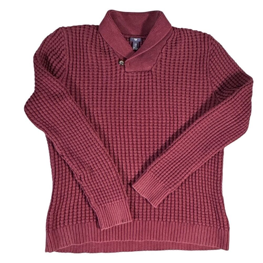 GAP Men's XL Shawl Collar Sweater Burgundy Cotton Waffle Knit Pullover Casual